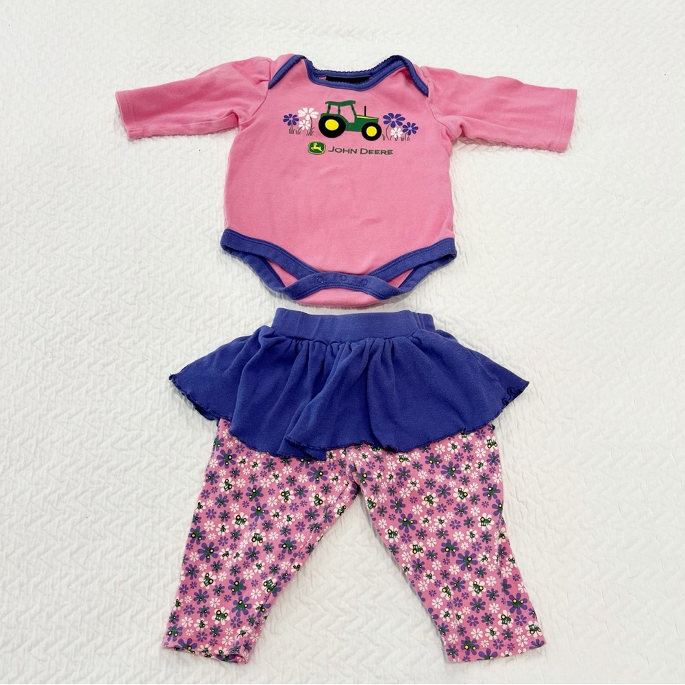 John Deere Baby Girl Outfit 6/9 Months Pink Purple Floral Tractor Skirt Pants